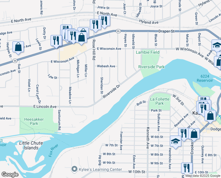 map of restaurants, bars, coffee shops, grocery stores, and more near 2407 Riverside Drive in Kaukauna