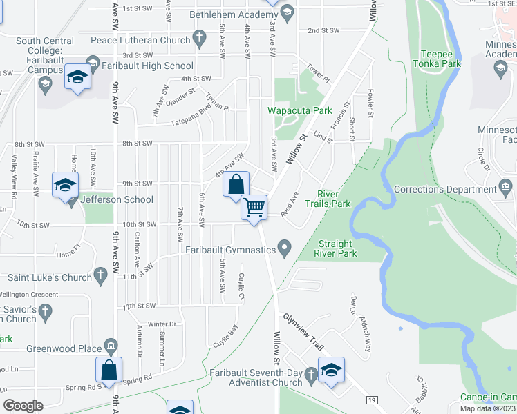 map of restaurants, bars, coffee shops, grocery stores, and more near 946 Willow Street in Faribault