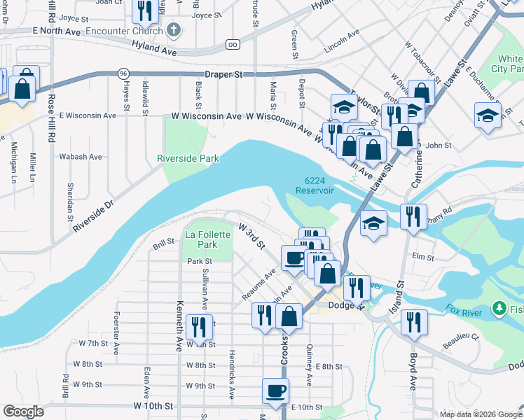 map of restaurants, bars, coffee shops, grocery stores, and more near 380 Bicentennial Court in Kaukauna