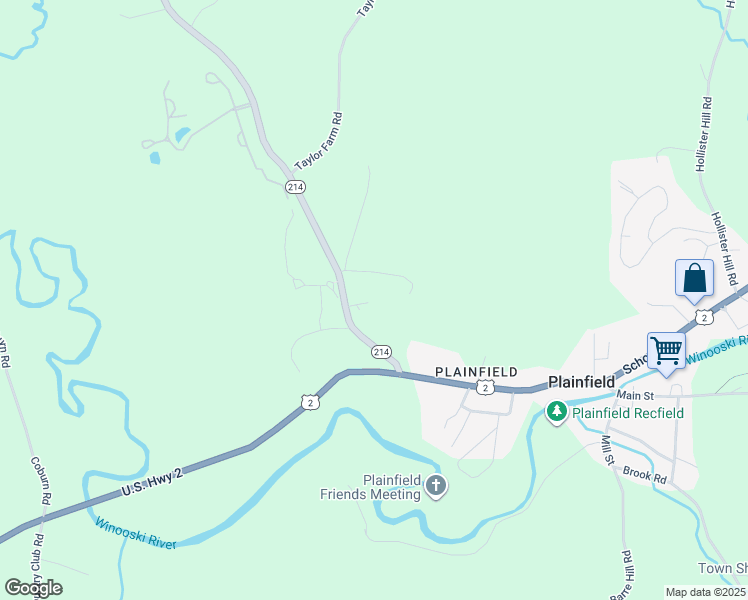 map of restaurants, bars, coffee shops, grocery stores, and more near 114 Vermont 214 in Plainfield