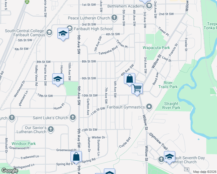 map of restaurants, bars, coffee shops, grocery stores, and more near 946 7th Avenue Southwest in Faribault