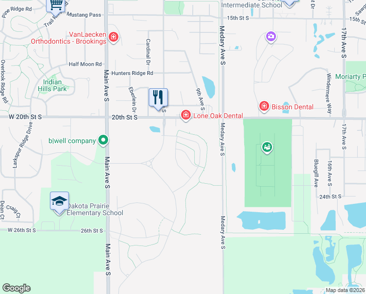 map of restaurants, bars, coffee shops, grocery stores, and more near 2124 Goldenrod Trail in Brookings