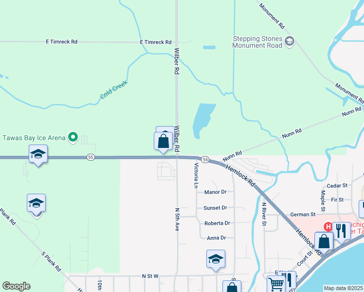 map of restaurants, bars, coffee shops, grocery stores, and more near 17 Michigan 55 in Tawas City