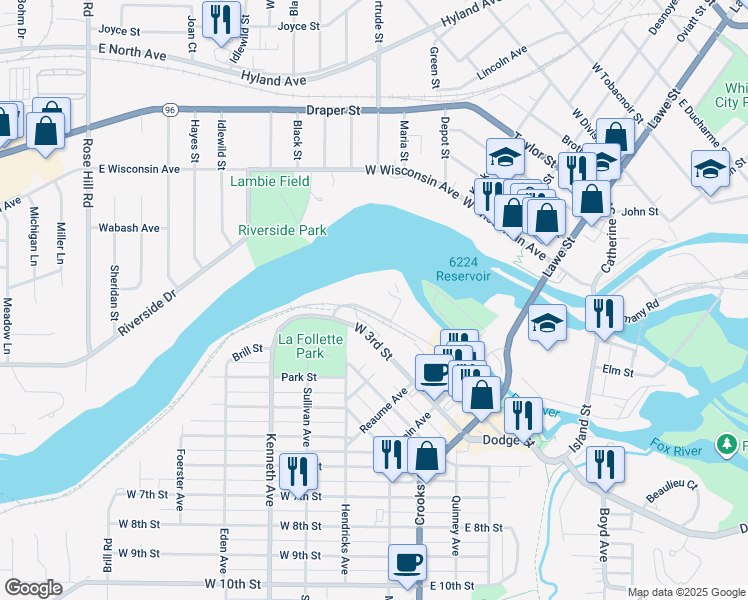 map of restaurants, bars, coffee shops, grocery stores, and more near 380 Bicentennial Court in Kaukauna
