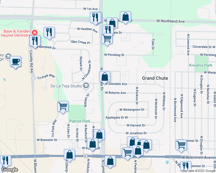 map of restaurants, bars, coffee shops, grocery stores, and more near 2444 West Roberts Avenue in Appleton