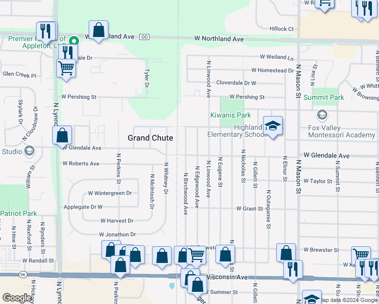 map of restaurants, bars, coffee shops, grocery stores, and more near 1830 West Glendale Avenue in Appleton