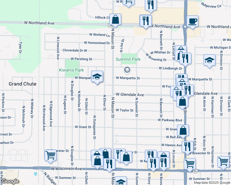 map of restaurants, bars, coffee shops, grocery stores, and more near 1214 West Roberts Avenue in Appleton