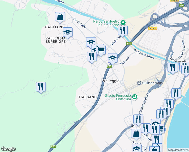 map of restaurants, bars, coffee shops, grocery stores, and more near 7 Via Vietta in Valleggia