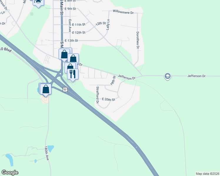 map of restaurants, bars, coffee shops, grocery stores, and more near 779 18th Street in Zumbrota