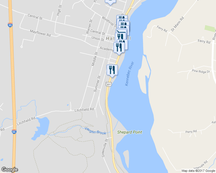 map of restaurants, bars, coffee shops, grocery stores, and more near 249 Water Street in Hallowell