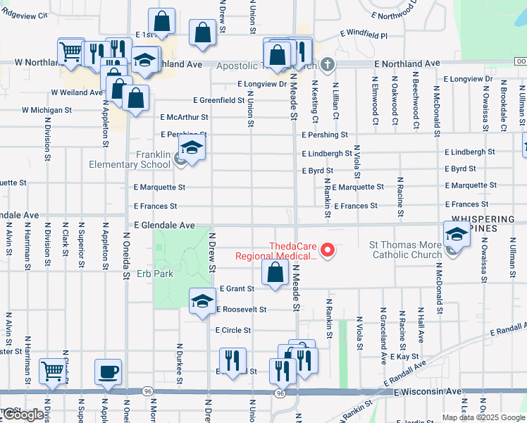 map of restaurants, bars, coffee shops, grocery stores, and more near 609 East Frances Street in Appleton