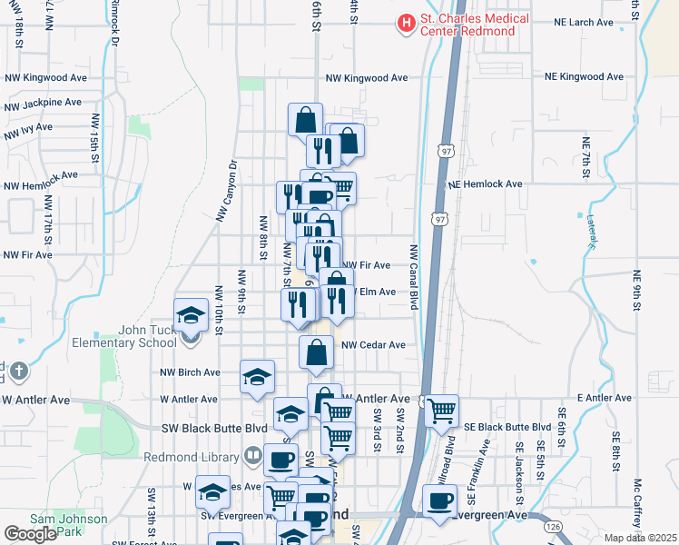 map of restaurants, bars, coffee shops, grocery stores, and more near 450 Northwest Greenwood Avenue in Redmond
