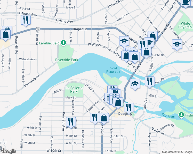 map of restaurants, bars, coffee shops, grocery stores, and more near 1211 Oakridge Avenue in Kaukauna
