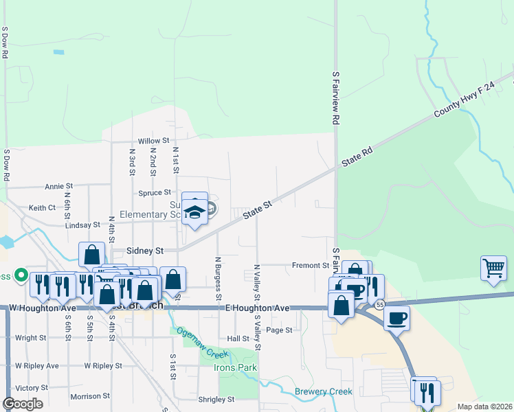 map of restaurants, bars, coffee shops, grocery stores, and more near 301-323 State Street in West Branch