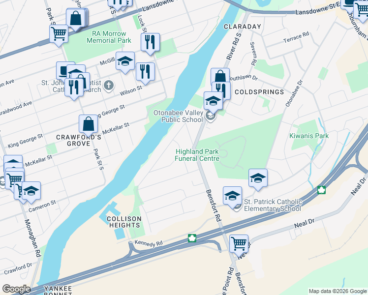 map of restaurants, bars, coffee shops, grocery stores, and more near 532 Barker Avenue in Peterborough
