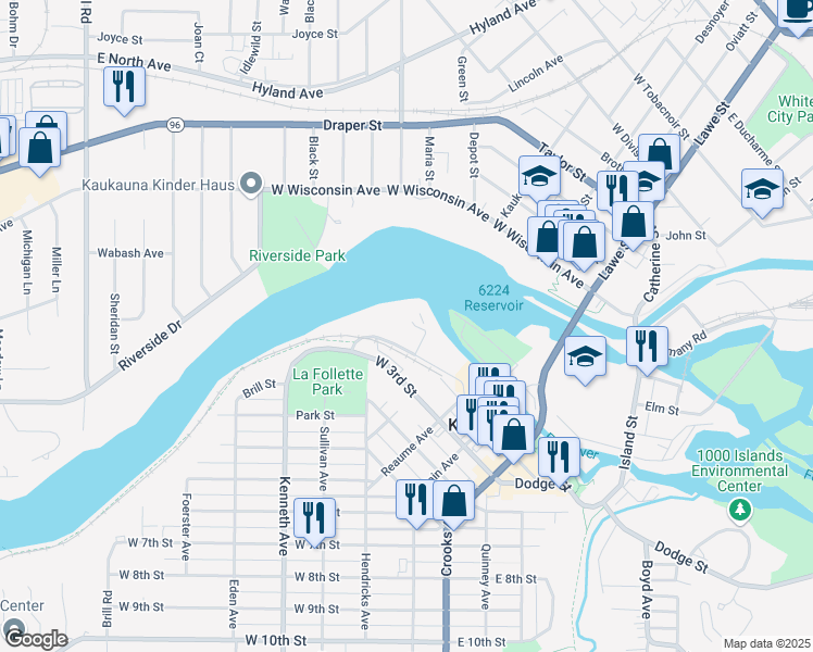 map of restaurants, bars, coffee shops, grocery stores, and more near 400 Fox Shores Drive in Kaukauna