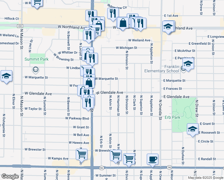 map of restaurants, bars, coffee shops, grocery stores, and more near 2112 North Alvin Street in Appleton
