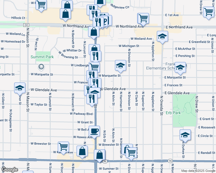 map of restaurants, bars, coffee shops, grocery stores, and more near 2111 North Erb Street in Appleton