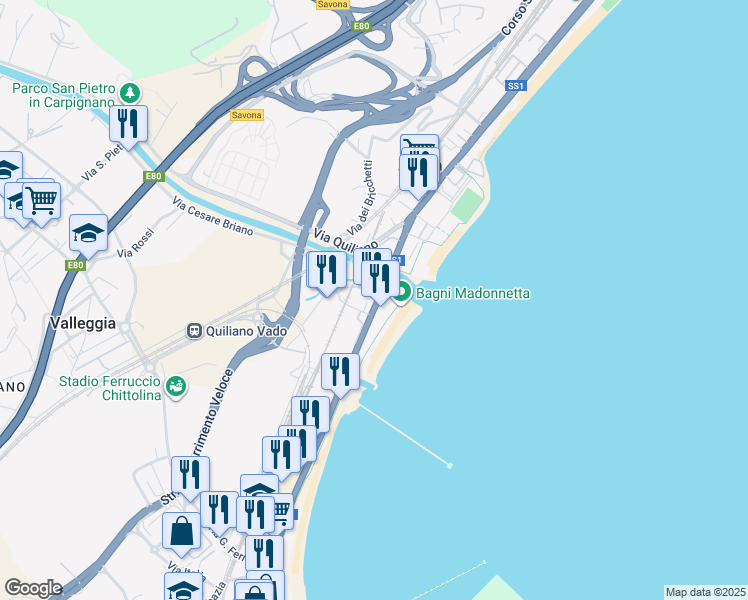 map of restaurants, bars, coffee shops, grocery stores, and more near 2 Strada Statale 1 Variante Aurelia di La Spezia in Vado Ligure