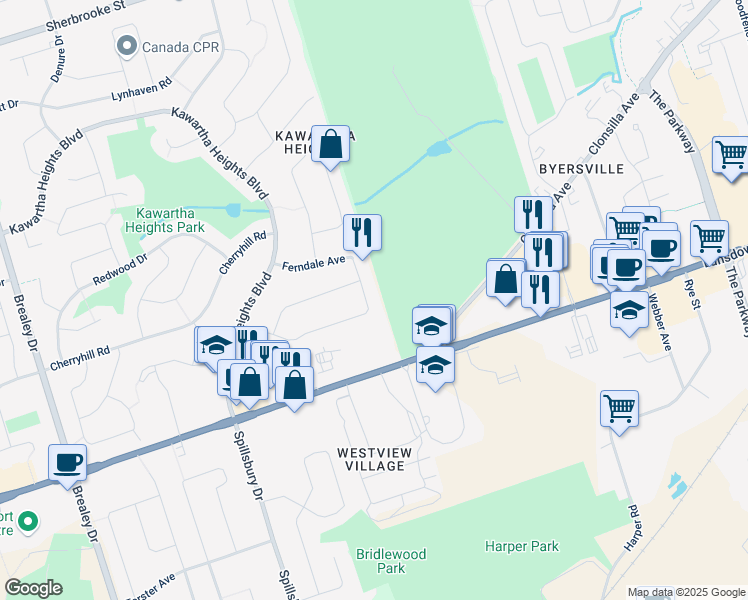 map of restaurants, bars, coffee shops, grocery stores, and more near 64 Springbrook Drive in Peterborough
