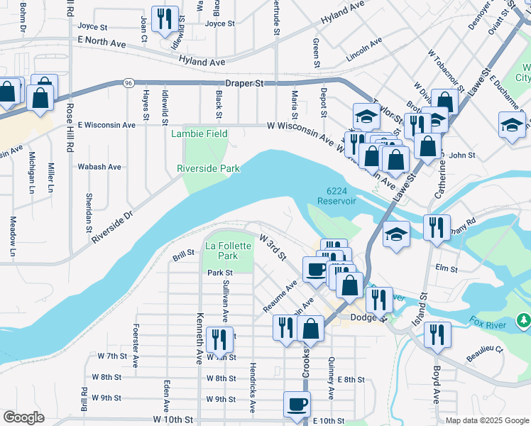 map of restaurants, bars, coffee shops, grocery stores, and more near 440 Bicentennial Court in Kaukauna