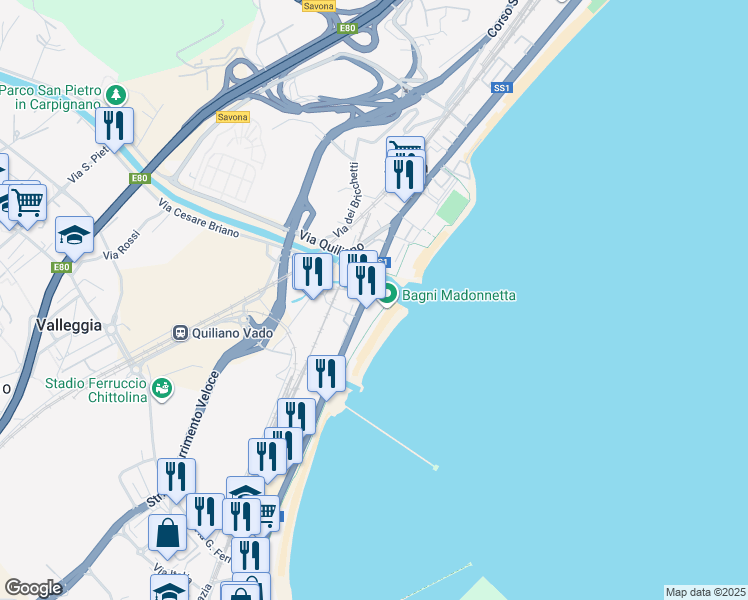 map of restaurants, bars, coffee shops, grocery stores, and more near 2 Strada Statale 1 Variante Aurelia di La Spezia in Vado Ligure
