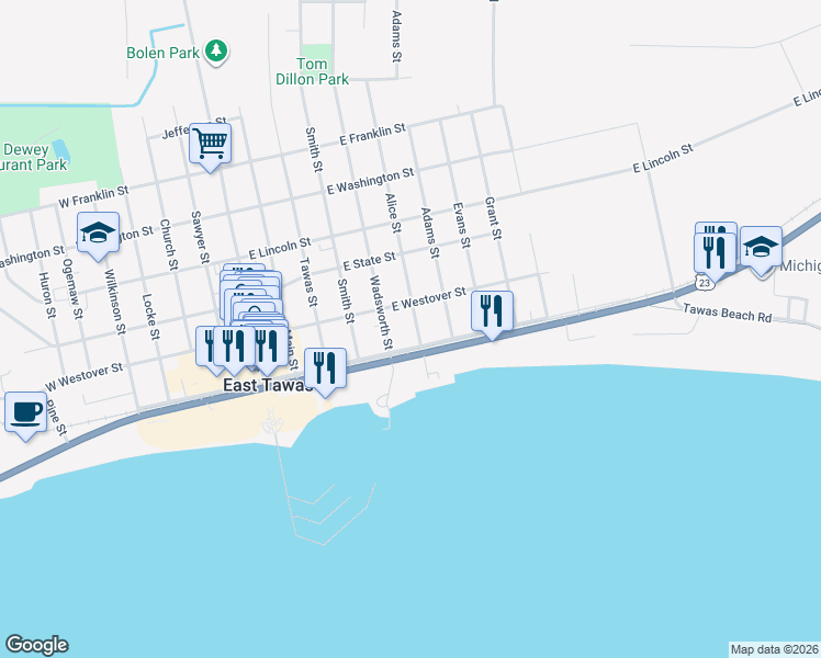 map of restaurants, bars, coffee shops, grocery stores, and more near 618 East Westover Street in East Tawas