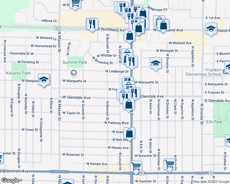 map of restaurants, bars, coffee shops, grocery stores, and more near 800 West Frances Street in Appleton