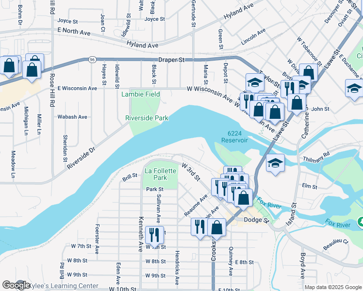 map of restaurants, bars, coffee shops, grocery stores, and more near 440 Bicentennial Court in Kaukauna