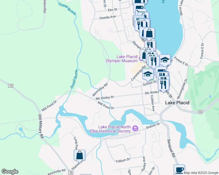 map of restaurants, bars, coffee shops, grocery stores, and more near 59-61 West Valley Road in Lake Placid