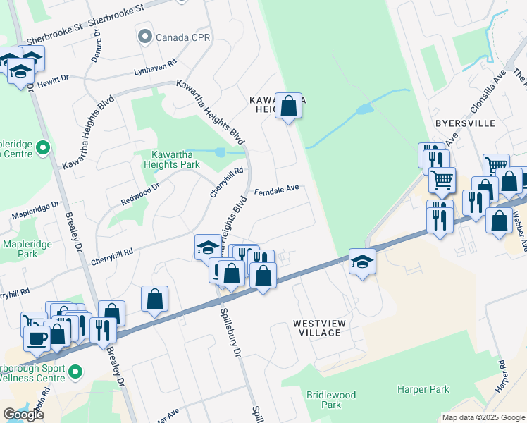 map of restaurants, bars, coffee shops, grocery stores, and more near 4 Ferndale Avenue in Peterborough