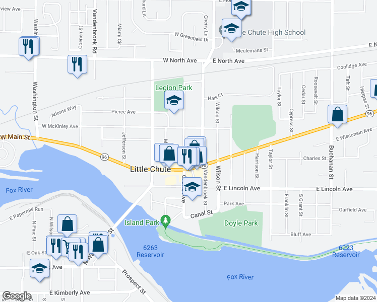 map of restaurants, bars, coffee shops, grocery stores, and more near 722 Grand Avenue in Little Chute