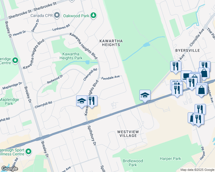 map of restaurants, bars, coffee shops, grocery stores, and more near 19 Daleview Avenue in Peterborough