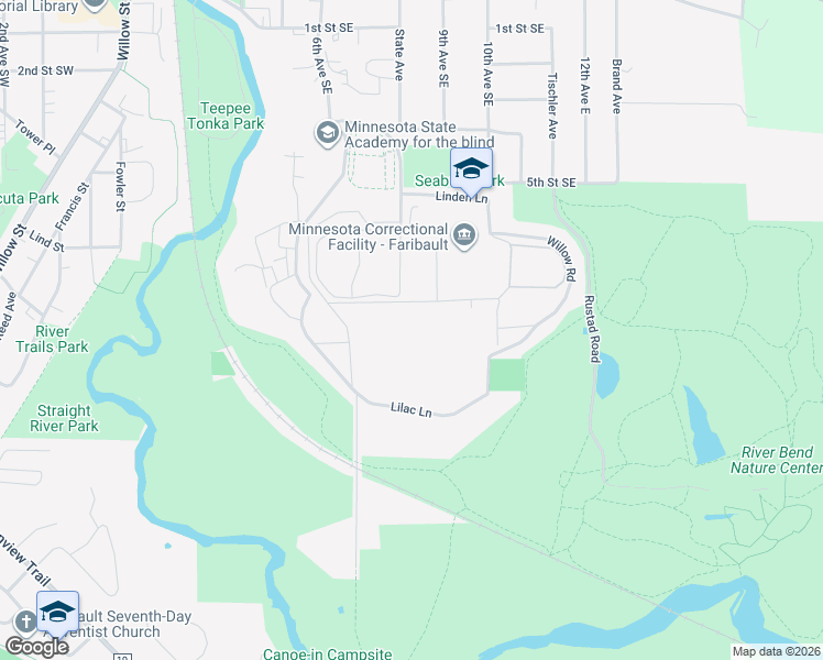 map of restaurants, bars, coffee shops, grocery stores, and more near 1101 Linden Lane in Faribault