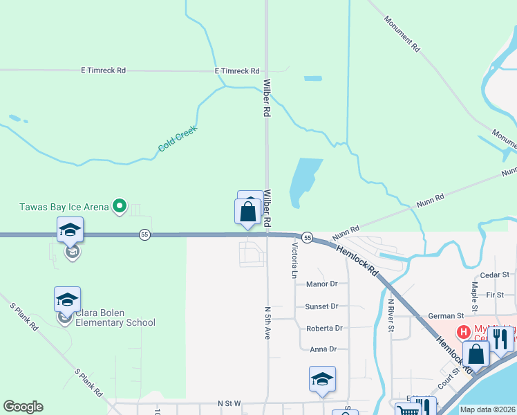 map of restaurants, bars, coffee shops, grocery stores, and more near 45 Wilber Road in Tawas City