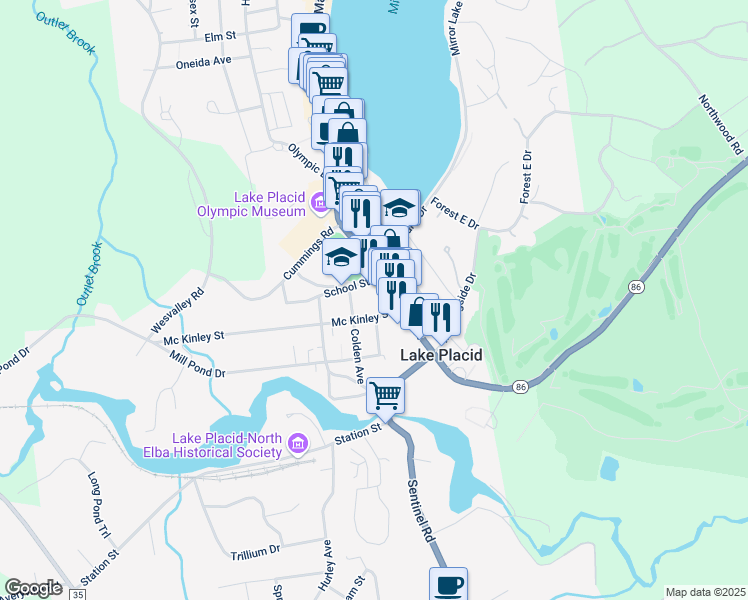 map of restaurants, bars, coffee shops, grocery stores, and more near 1-11 School St in Lake Placid
