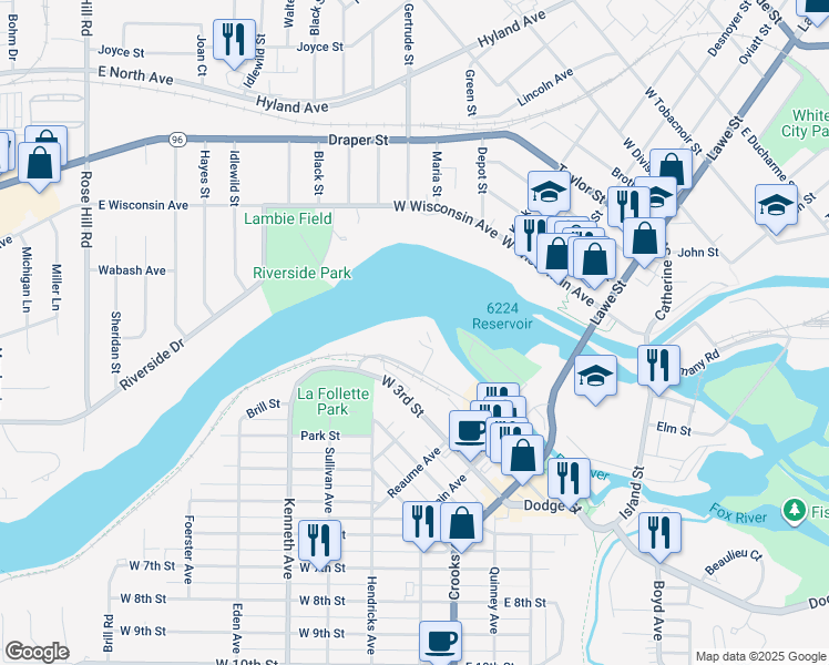 map of restaurants, bars, coffee shops, grocery stores, and more near 400 Bicentennial Court in Kaukauna