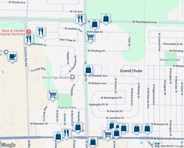 map of restaurants, bars, coffee shops, grocery stores, and more near 2100 Pheasant Run Court in Appleton
