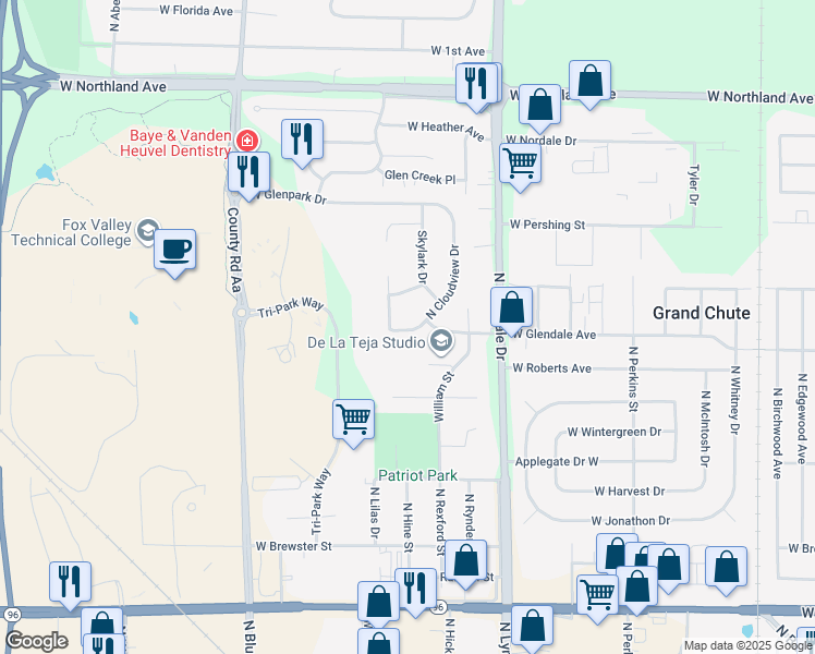 map of restaurants, bars, coffee shops, grocery stores, and more near 2112 Cloudview Court in Appleton