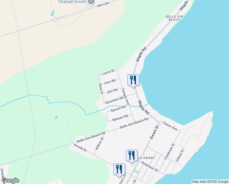 map of restaurants, bars, coffee shops, grocery stores, and more near 1061 Elm Road in Innisfil