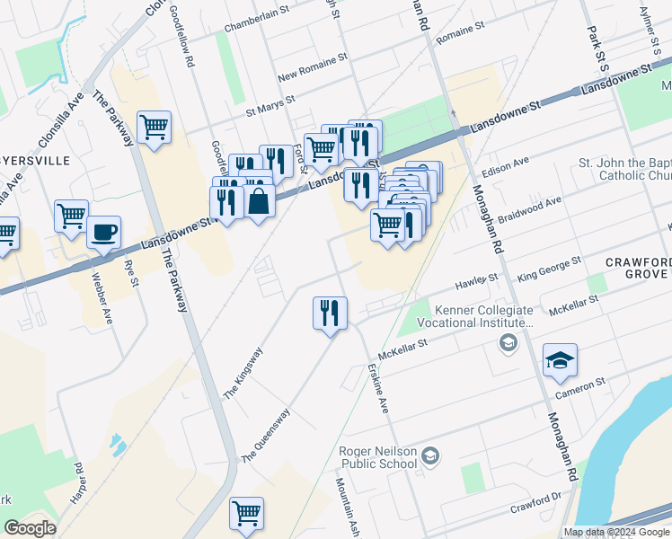map of restaurants, bars, coffee shops, grocery stores, and more near 789 Erskine Avenue in Peterborough