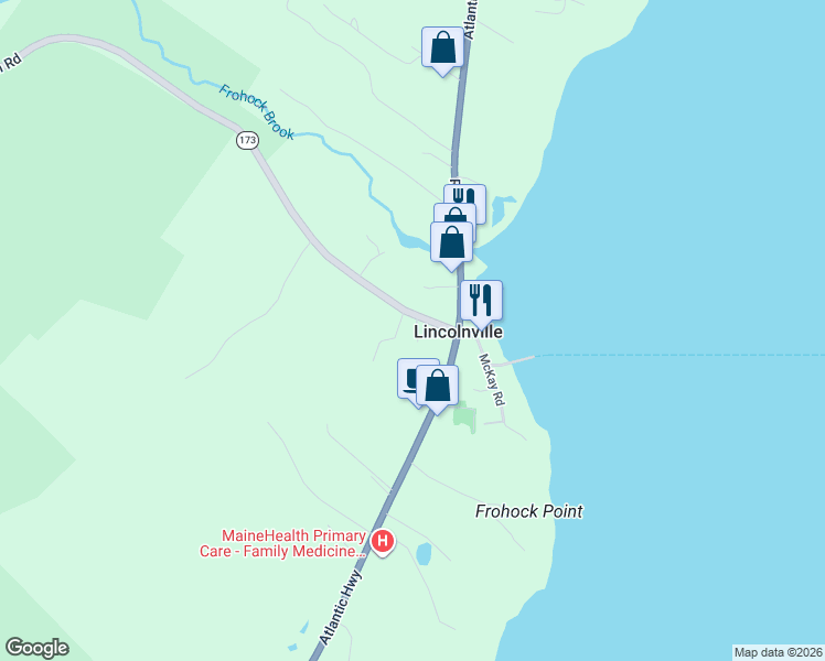 map of restaurants, bars, coffee shops, grocery stores, and more near 18 Beach Road in Lincolnville