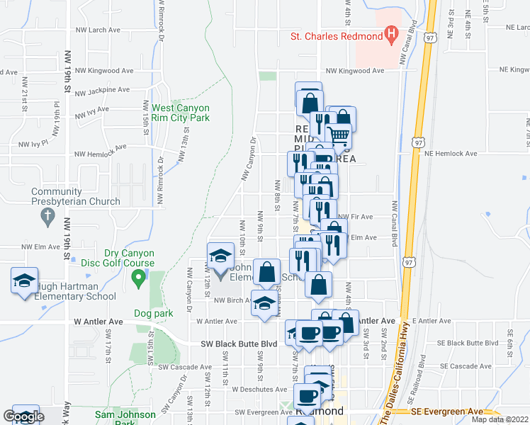 map of restaurants, bars, coffee shops, grocery stores, and more near 833 Northwest Fir Avenue in Redmond