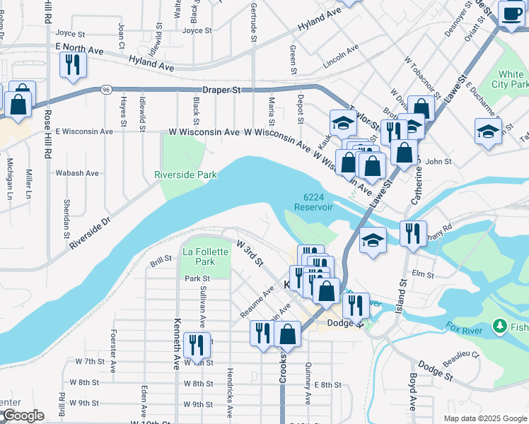 map of restaurants, bars, coffee shops, grocery stores, and more near 400 Fox Shores Drive in Kaukauna