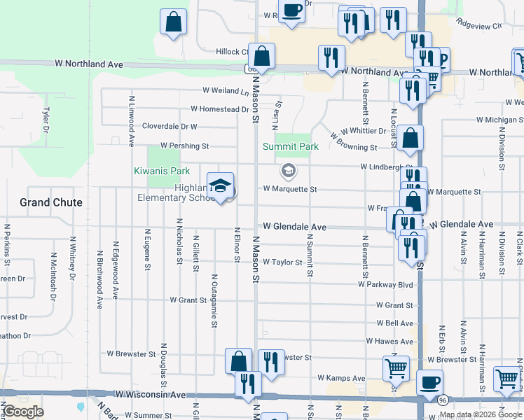 map of restaurants, bars, coffee shops, grocery stores, and more near 1224 West Frances Street in Appleton