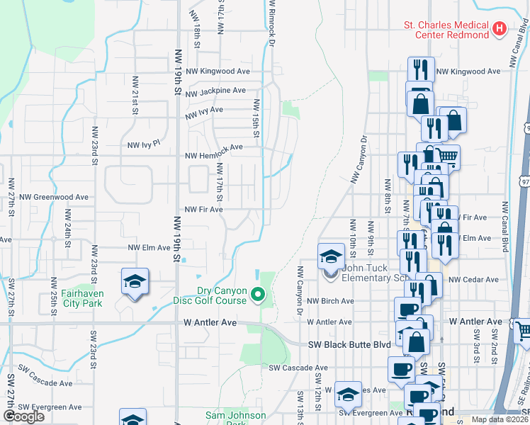 map of restaurants, bars, coffee shops, grocery stores, and more near 1515 Northwest Fir Avenue in Redmond