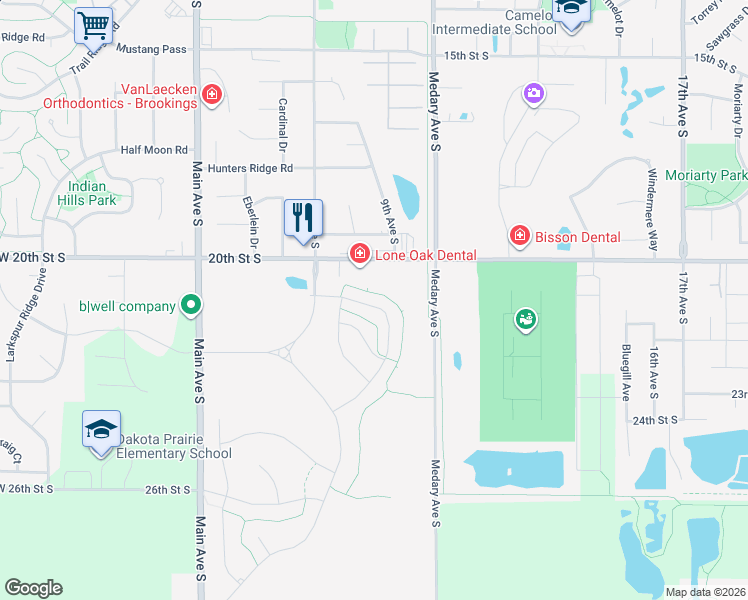 map of restaurants, bars, coffee shops, grocery stores, and more near Goldenrod Trail in Brookings