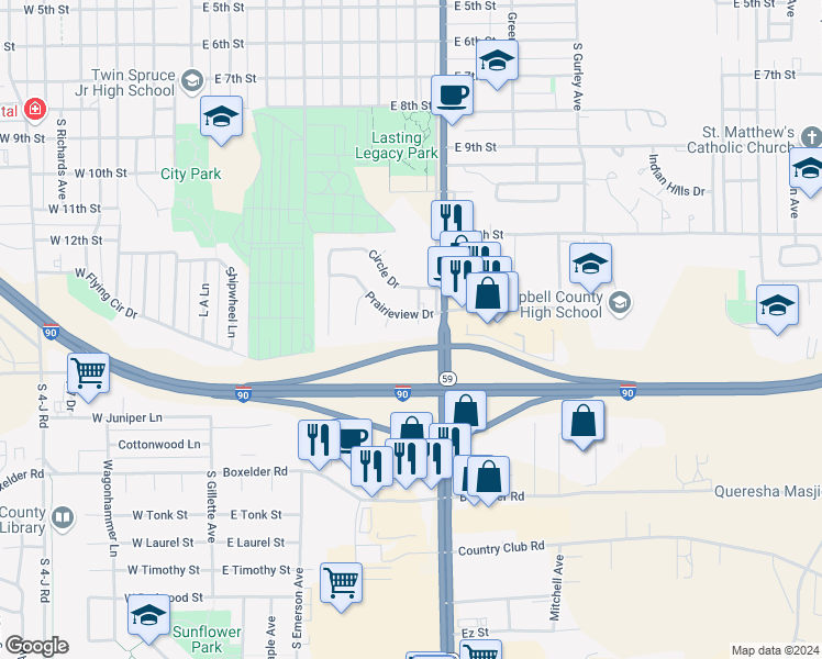 map of restaurants, bars, coffee shops, grocery stores, and more near 428 Prairieview Drive in Gillette
