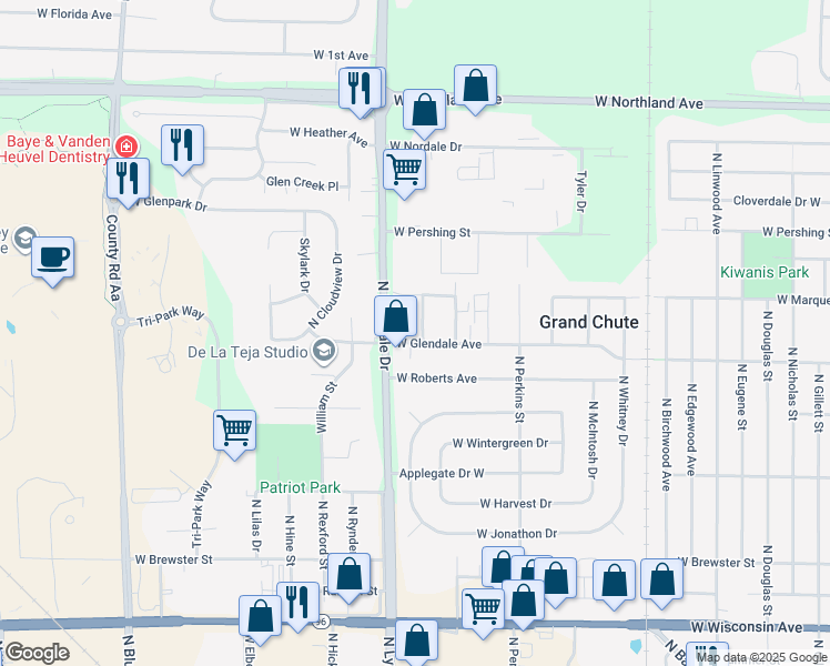 map of restaurants, bars, coffee shops, grocery stores, and more near 2100 Pheasant Run Court in Appleton