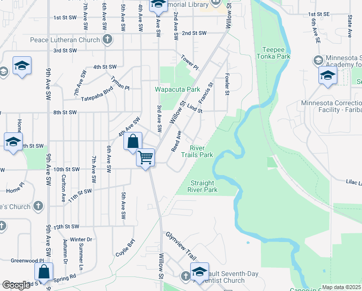 map of restaurants, bars, coffee shops, grocery stores, and more near 832 Reed Avenue in Faribault